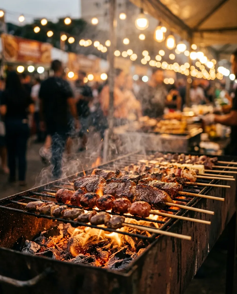 Espetinhos na brasa em uma feira de comida à noite