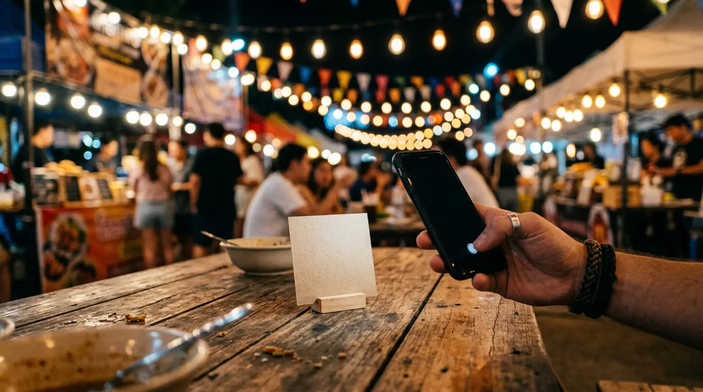 Cliente apontando o celular para o QR Code na mesa de uma feira de comida